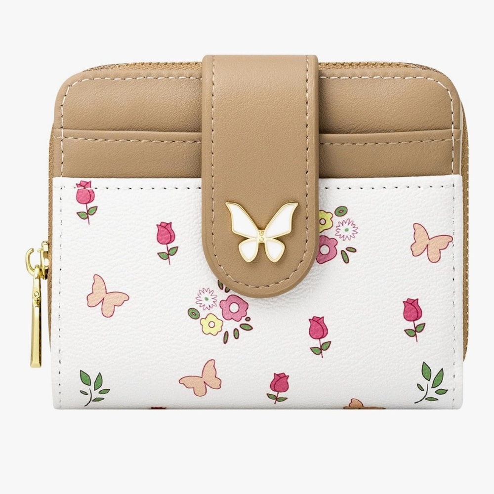 🆕 Women's Butterfly Accent Floral Card Wallet - White & Tan